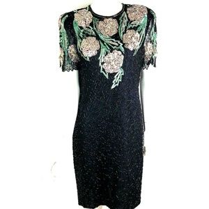 Scala Black Beaded Backless Dress with Pink & Green Floral Accents
